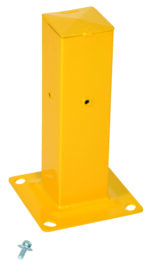 A sturdy yellow metal bollard base with four corner mounting holes mirrors the robust design of a Vestil Channel Guard Rail Tubular 18 In. Nearby, a small silver bolt lies on a pristine white background.