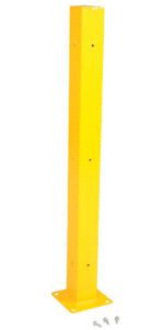 A tall rectangular yellow bollard post with a flat square base and three mounting screws is next to the Vestil Channel Guard Rail Tubular 60 In. The post has small holes at the top and bottom, providing versatility for various uses.