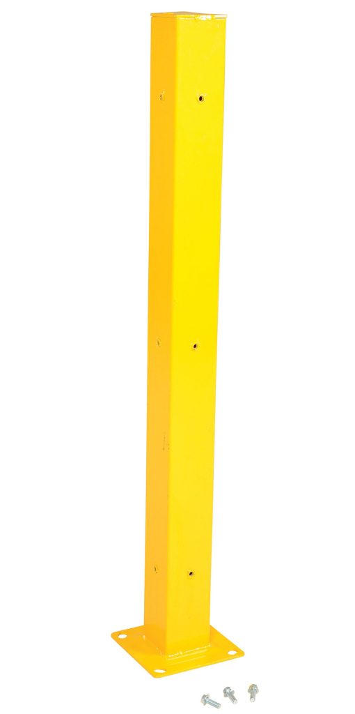 GR-STC8-DI-TP60-YL_A.jpg A tall rectangular yellow bollard post with a flat square base and three mounting screws is next to the Vestil Channel Guard Rail Tubular 60 In. The post has small holes at the top and bottom, providing versatility for various uses.