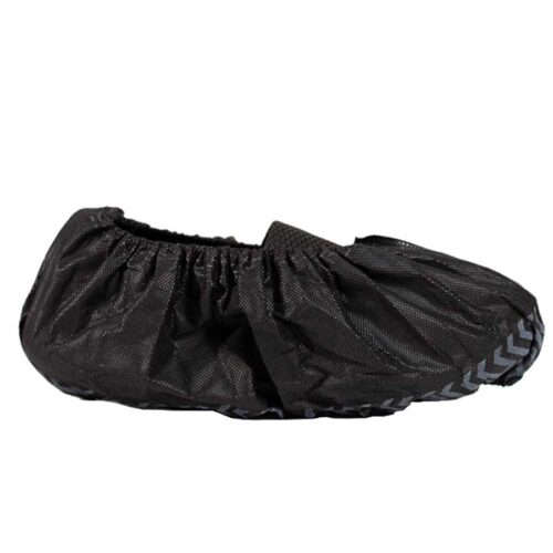 Black waterproof shoe cover with an elastic opening and textured sole, designed to provide protection from rain and dirt. The cover is shown from the side, highlighting its practical and flexible design.