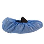 A single blue disposable shoe cover with an elastic edge and a black bottom, designed to fit over shoes and provide protective coverage.