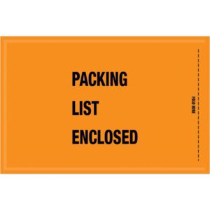 The MH-USA 5 1/4 x 8 Mil-Spec Packing List Enclosed Envelopes feature an orange background with black PACKING LIST ENCLOSED text and a vertical dashed line labeled FOLDED HERE. They are sold in cases of 1000.
