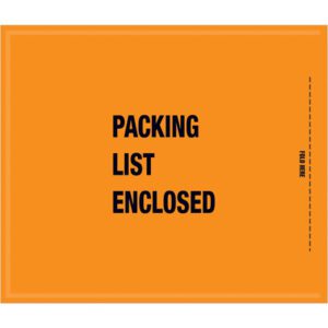 Bold black text reads PACKING LIST ENCLOSED on the orange MH-USA 8 1/2 x 10 Mil-Spec envelopes (1000/case). Side text instructs, Fold Here.