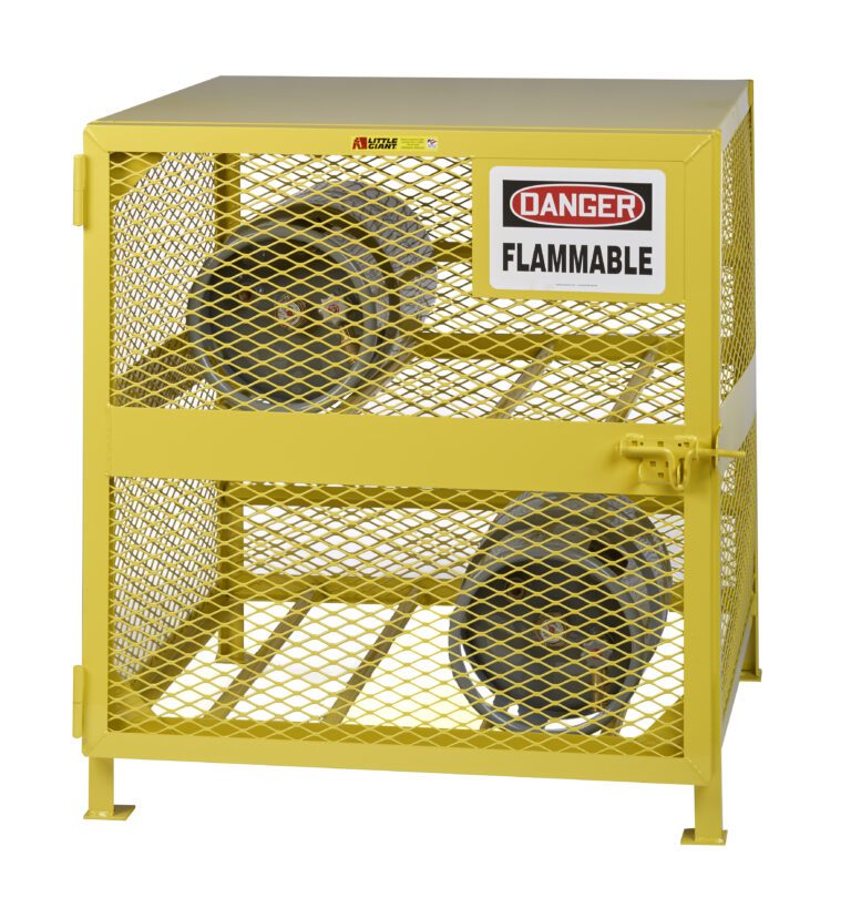 A yellow metal storage cage, similar to Little Giant Gas Cylinder Storage Units, boasts a Danger Flammable sign on the front. It features mesh sides and a secure latch to accommodate two large gray cylinders on its shelves.