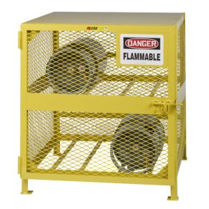A yellow metal storage cage, similar to Little Giant Gas Cylinder Storage Units, boasts a Danger Flammable sign on the front. It features mesh sides and a secure latch to accommodate two large gray cylinders on its shelves.