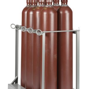 Six large brown gas cylinders are secured in a metal rack on a Little Giant Gas Cylinder Pallet, evenly arranged in two rows of three. Metal rings hold them steady, while the pallets flat base ensures their stability and safety.