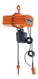 The Vestil Econ Chain Hoist W/ Container 1K 1 Phase, in vibrant orange, includes a sturdy metal chain, hook, sleek black cords, and an integrated control switch. With a 1,000 capacity label, its expertly designed for easily lifting and moving heavy objects.