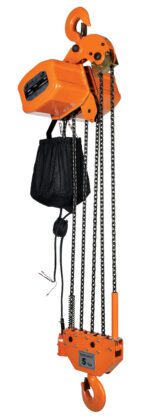 The orange Vestil Econ Chain Hoist W Container 10K 3 Phase, equipped with a sturdy pulley system and dual hooks, includes a black bag and extending wires. Clearly labeled for a 5-ton capacity, this robust tool enhances efficiency in heavy-duty applications.