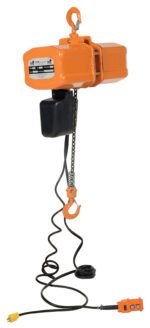 The Vestil Econ Hoist features a robust chain, hook, black control box, and long power cord. It has a 2K load capacity in 1 Phase with pendant control and an informational panel for seamless operation. The hoist is orange and includes a container.