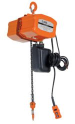 The Vestil Econ Hoist Chain W/ Container 2K 3 Phase has an orange electric design, sturdy metal hooks at both ends, and a control panel connected with a black wire. It features the 2,000 label on a plain white background and is ideal for lifting tasks.