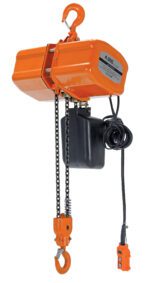 The orange Vestil Econ Chain Hoist W/ Container 4K 1 Phase, with metal hooks, a black cable, and control switch, has a lifting capacity of 4,000 pounds—perfect for optimal one-phase operations.