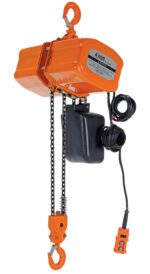 The Vestil Econ Chain Hoist W/ Container 4K 3 Phase features an orange electric design, hooks at both ends, a sturdy metal chain, and a wired control pendant. Its robust housing and rating plate confirm its heavy-duty lifting capacity of 4,000 units.