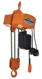 The Vestil Econ Chain Hoist W/ Container 6K 1 Phase is an orange electric hoist featuring a durable hook, black chains, a control unit, and a protective motor cover. It has a 6,000-pound lifting capacity and includes an attached control pendant with cables.