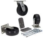 The Vestil 6X2 Glass Filled Nylon Caster Kit 3.6K includes two swivel casters and one rigid caster with black glass-filled nylon wheels, metal brackets, plates, screws, and bolts, all arranged on a white background.