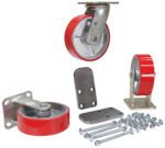 The Vestil 6X2 Poly-On-Steel Caster Kit 3.6K includes red and gray caster wheels, with two mounted on metal plates. It comes with extra plates, bolts, and nuts for versatile assembly on various surfaces.