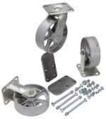 The Vestil 6X2 Semi-Steel Caster Kit 3.6K features metal caster wheels with three wheels, two mounting brackets, and various hardware components, all displayed on a white background for clarity.