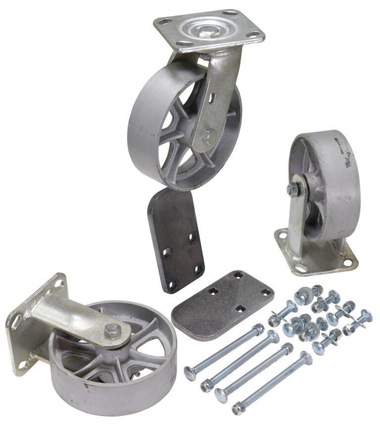 The Vestil 6X2 Semi-Steel Caster Kit 3.6K features metal caster wheels with three wheels, two mounting brackets, and various hardware components, all displayed on a white background for clarity.