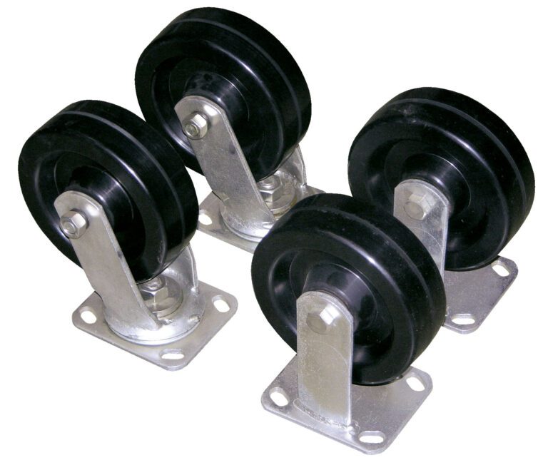 H-CK4-GFN6-2_A.jpg The Vestil 6X2 Glass Filled Nylon Caster Kit 4.8K includes four upright black rubber caster wheels with metallic bases, each mounted on a sturdy metal bracket for easy attachment, allowing them to roll and swivel effortlessly on various objects or surfaces.