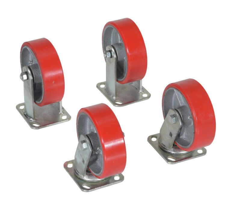 H-CK4-PU6-2_A.jpg The Vestil 6X2 Poly-On-Steel Caster Kit 4.8K includes four red and gray cylindrical caster wheels, each with a metal mounting plate, designed for easy attachment to furniture or equipment.