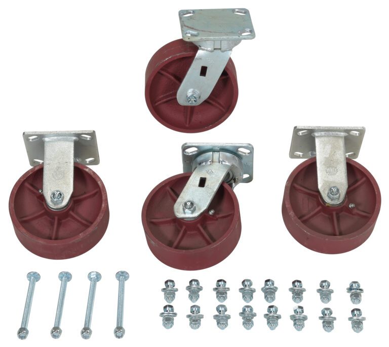The Vestil 6X2 Ductile Steel Caster Kit 8K includes four red swivel caster wheels with metal mounting plates, neatly arranged alongside bolts and nuts, providing all necessary hardware for your projects.