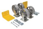 The Vestil 6X2 Semi-Steel Caster Kit 4.8K includes four heavy-duty swivel casters, two yellow brackets, and various bolts and screws positioned upright for installation.