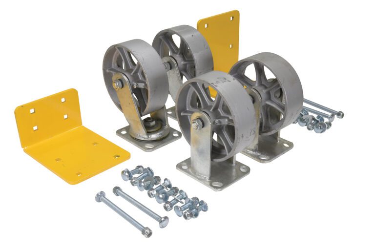 H-CK4-SC6-2_A.jpg The Vestil 6X2 Semi-Steel Caster Kit 4.8K includes four heavy-duty swivel casters, two yellow brackets, and various bolts and screws positioned upright for installation.