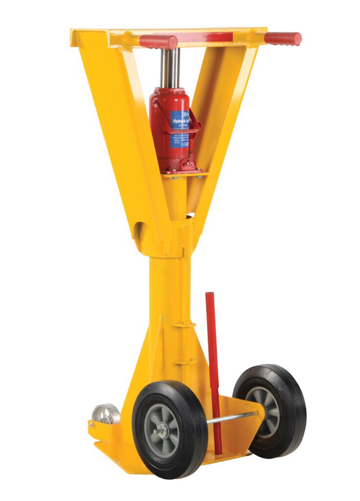The Vestil Trailer Stabilizing Jack Hydraulic Beam sports a V-shaped frame, red handle, and two black wheels. Featuring a red cylinder on top with an adjacent metal bar for leverage, this robust jack ensures optimal stability and support for trailers.