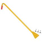 A yellow sheetrock panel lifter with a red ergonomic Vestil handle and a flat triangular base is shown alongside three black and silver fasteners, designed for easy lifting.