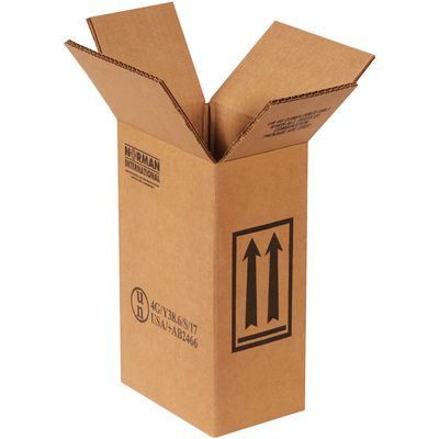 HAZ1021.jpg The plain white background showcases an open brown MH-USA 6 3/4 x 4 5/16 x 10 3/8 F-Style box with extended flaps, featuring printed symbols like an upward arrow and handling instructions. It is designed for easy storage of one-gallon containers.