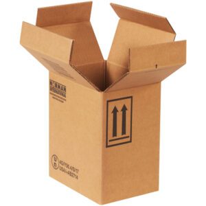The MH-USA 9 x 6 11/16 x 10 1/4 box, designed for two 1-Gallon F-Style containers, has its flaps partially folded outward with this side up double arrows. It stands on a white background with text and codes printed.