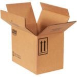 A partially open cardboard box with raised flaps features upright and handling symbols. Its brown corrugated texture suits MH-USA 13 3/4 x 9 x 10 3/8 F-Style Boxes, ideal for safely shipping up to four one-gallon containers.