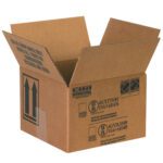 An MH-USA 5 1/8 x 5 1/8 x 6 3/16 paint can box, ideal for quart cans, displays black labels and symbols like arrows and handling instructions. Its open flaps reveal an empty interior.