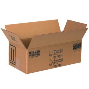 An open brown cardboard box with extended flaps shows various symbols and text, including Norman International and the dimensions MH-USA 10 1/4 x 5 1/8 x 6 3/16. The box, ideal for two one-quart paint cans, rests on a white background.