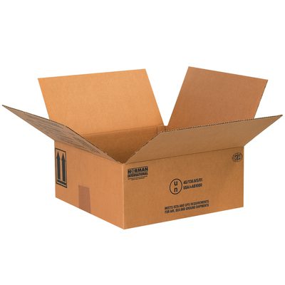 HAZ1043.jpg An open MH-USA box, designed for 4 - 1 Quart Paint Can Boxes and measuring 10 1/4 x 10 1/4 x 6 3/16, reveals its brown interior with printed handling symbols on the flaps.