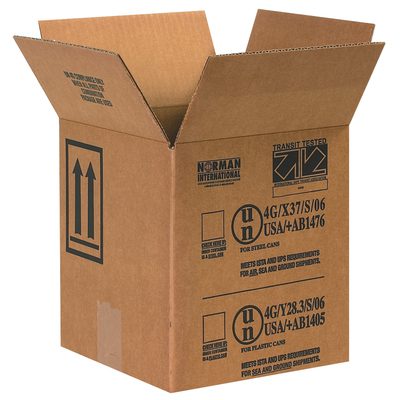 HAZ1044.jpg Open brown cardboard box with printed labels, ideal for transporting MH-USA 8.5 x 8.5 x 9.31 paint can boxes. It includes handling symbols and is available in convenient bundles of twenty-five.
