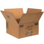 Open the MH-USA 17 x 17 x 9 5/16 box for four 1-gallon paint cans, featuring extended flaps, printed handling symbols, and a brown corrugated texture.