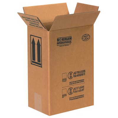 HAZ1047.jpg A tall, brown cardboard box designed for a 1-gallon F-Style paint can, features open top flaps and black text/icons including MH-USA dimensions and handling arrows on the sides. Available in convenient bundles of 20.