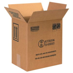 An open MH-USA shipping box designed for 2 - 1 Gallon F-Style Paint Cans is shown against a plain white background. It measures 11 3/8 x 8 3/16 x 12 3/8 with black labels and shipping standards printed on the brown cardboard.