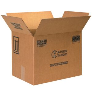 An open cardboard box stands upright with printed shipping symbols and text, designed for MH-USA 16 3/8 x 11 3/8 x 12 3/8 F-Style paint cans. Its partially open flaps reveal an empty interior against a plain white background.
