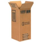 Tall brown cardboard shipping box with open flaps, designed for MH-USA 6 x 6 x 12 3/4 Haz Mat Boxes (20/Bundle). It has upright arrows and labels compliant with air, sea, and ground transport regulations.