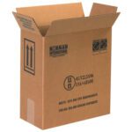 Open brown shipping box with black printed text and symbols, including up arrows and international shipping details. Box seams at the top are visible, ready for packing MH-USA 12 x 6 x 12 3/4 Haz Mat Boxes, perfect for storing two 1-gallon plastic jugs.