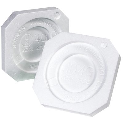 HAZ1061.jpg Two white, octagonal plastic caps with embossed text like Norwax International and Seal Side are designed to fit the MH-USA 1 Gallon Paint Can Foam Insert (100/Case) perfectly. They feature a central circular indentation and are displayed facing upward.