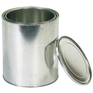 A MH-USA 1 Gallon Paint Can (36/Case) sits open and empty on a pristine white background, with the lid removed and leaning against its side.