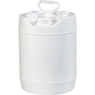HAZ1075.jpg The MH-USA 5 Gallon Closed Head Plastic Pails are sturdy white cylindrical containers with ergonomic handles for easy grip and a screw cap top for secure liquid storage.
