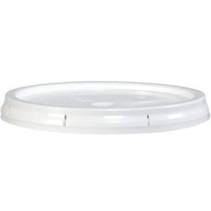 The MH-USA 5 Gallon Plastic Lid, displayed against a white backdrop, is a round, plain white plastic lid with a smooth surface and slightly raised edges. Notches around the sides allow for secure attachment to containers.