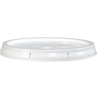 HAZ1076LID.jpg The MH-USA 5 Gallon Plastic Lid, displayed against a white backdrop, is a round, plain white plastic lid with a smooth surface and slightly raised edges. Notches around the sides allow for secure attachment to containers.