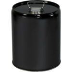 The MH-USA 5 Gallon Closed Head Metal Pail is a black cylindrical metal container with a top handle and sealed cap, perfect for liquid storage or transport.
