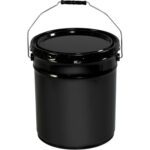 A sleek black MH-USA 5 Gallon Open Head Metal Pail with a sturdy handle shines brightly against a white background, its polished surface drawing attention with elegant simplicity.