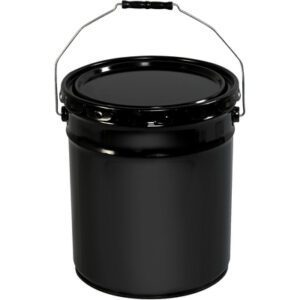 A sleek black MH-USA 5 Gallon Open Head Metal Pail with a sturdy handle shines brightly against a white background, its polished surface drawing attention with elegant simplicity.
