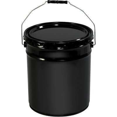 HAZ1078.jpg A sleek black MH-USA 5 Gallon Open Head Metal Pail with a sturdy handle shines brightly against a white background, its polished surface drawing attention with elegant simplicity.